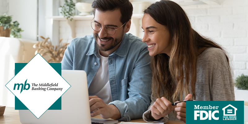 Smiling happy couple doing financial planning on laptop 